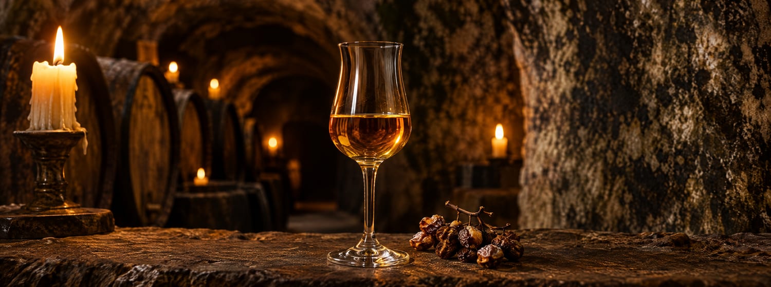 A small glass of golden amber Tokaji Aszú beside a few shrivelled aszú grapes in an old Tokaj cellar whose walls are covered in dark cellar mould