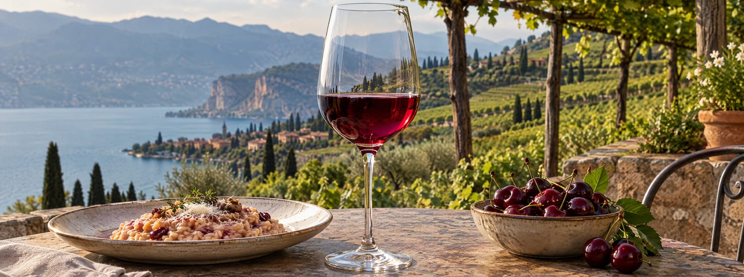 A glass of light ruby Valpolicella with risotto and fresh cherries on a table near Lake Garda, pergola-trained vines behind