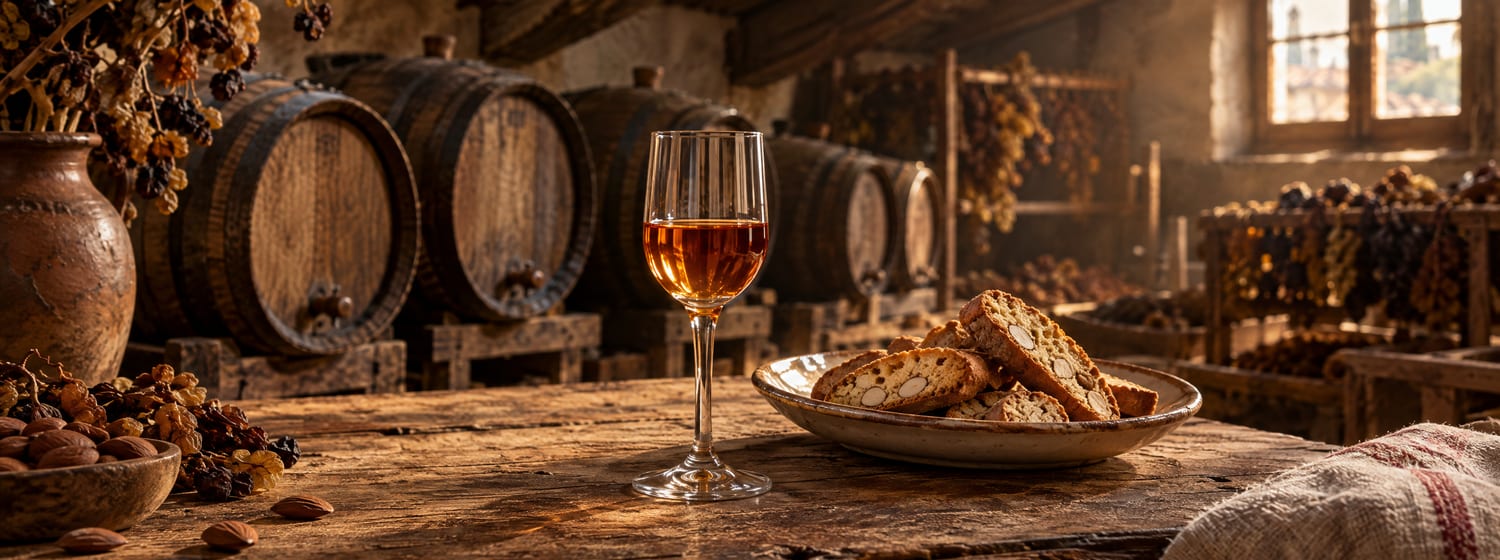 A small glass of amber Vin Santo with a plate of almond cantucci biscuits on a rustic Tuscan table
