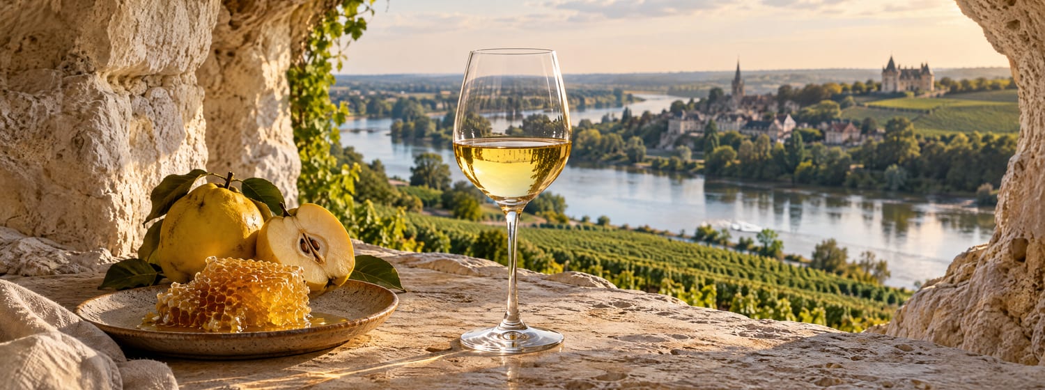 A glass of pale gold Chenin Blanc in a cave carved into soft white tufa stone, the Loire river and vineyards visible through the opening