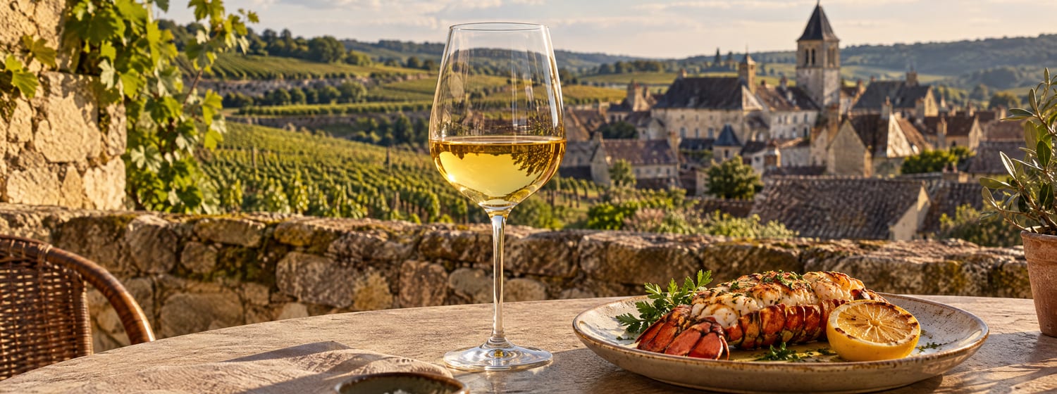 A glass of golden Chardonnay beside a lobster tail with lemon on a terrace in Meursault