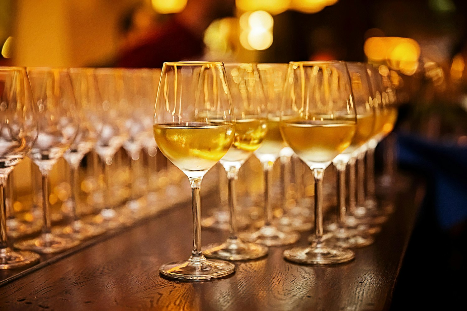 A row of filled wine glasses