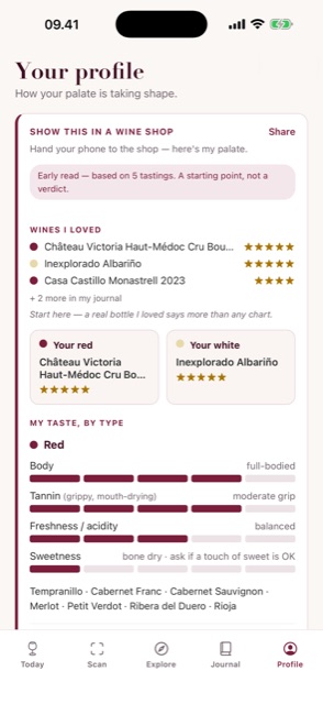 Winelingo app screenshot: your palate passport