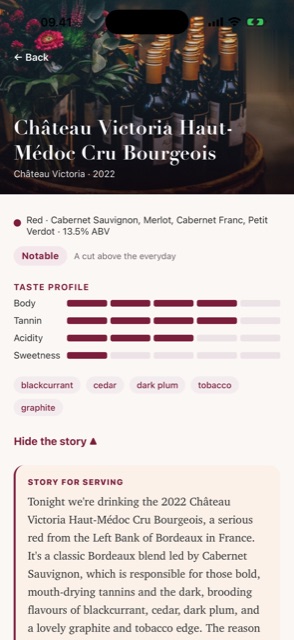 Winelingo scan result for a Bordeaux: the wine identified, with its taste profile and a read-aloud story for serving